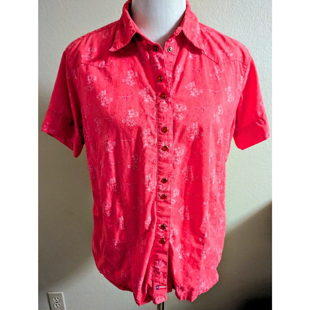 Wrangler Size L Western Shirt Pink Coral Floral Snap Button - Little Longhorns